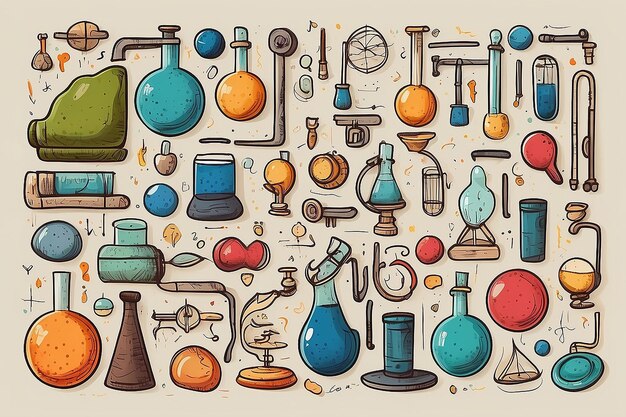 Un ensemble de dessins animés scientifiques colorés, des objets, des symboles et des objets.