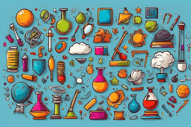 Un ensemble de dessins animés scientifiques colorés, des objets, des symboles et des objets.