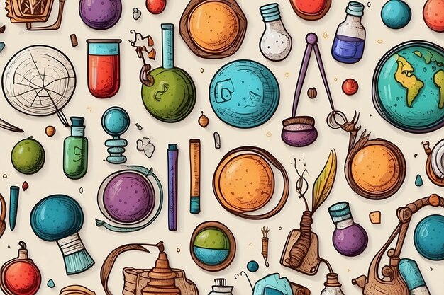 Photo un ensemble de dessins animés scientifiques colorés, des objets, des symboles et des objets.