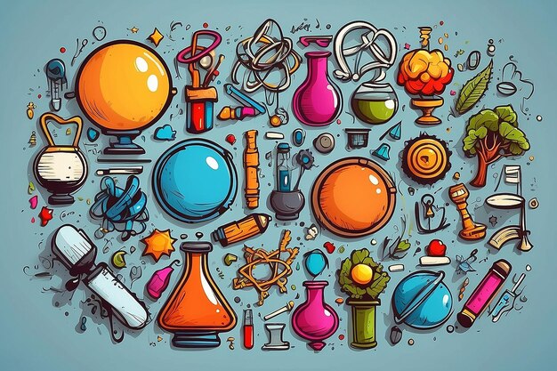 Photo un ensemble de dessins animés scientifiques colorés, des objets, des symboles et des objets.