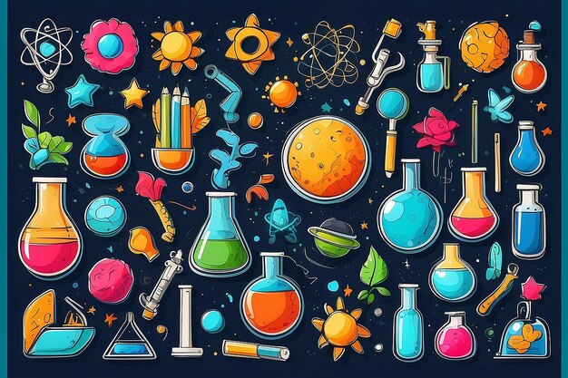 Un ensemble de dessins animés scientifiques colorés, des objets, des symboles et des objets.