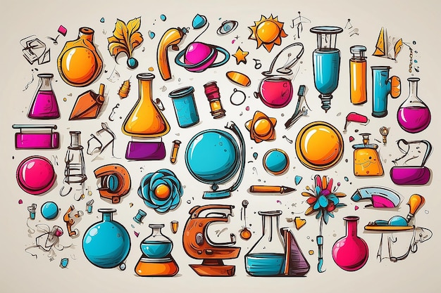 Photo un ensemble de dessins animés scientifiques colorés, des objets, des symboles et des objets.