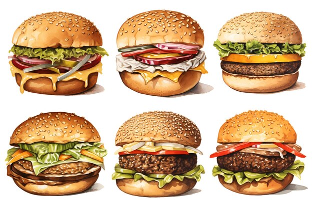 Un ensemble de dessins colorés de style d'illustration de hamburger