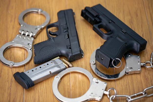 Ensemble de deux pistolets semi-automatiques avec munitions et deux menottes de police sur table en bois. Canons et obus à balles 9 mm. Crime, meurtre sous contrat, assassin rémunéré, guerre, commerce mondial des armes et vente d'armes