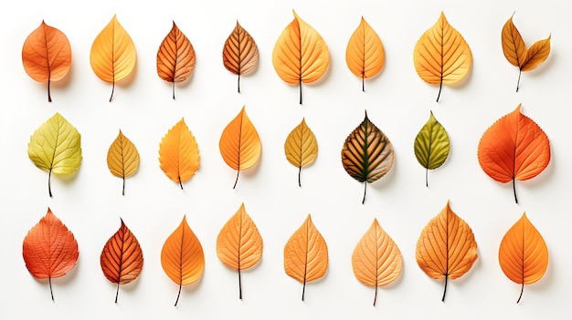 Ensemble de différentes feuilles d'automne isolées sur un fond blanc Les feuilles de l'automne de couleur rouge, brun jaune et ocre