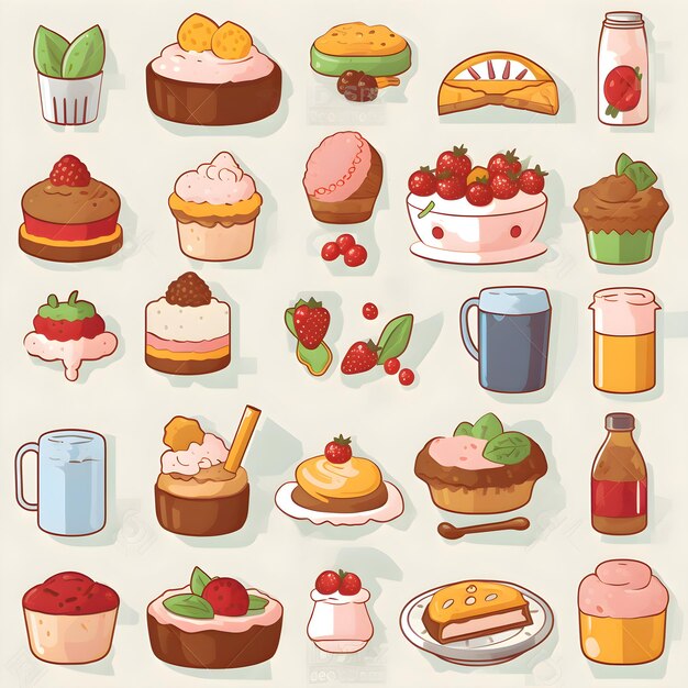 Photo ensemble de différentes icônes de desserts sucrés et de pâtisseries illustration vectorielle