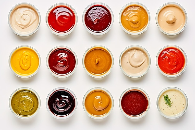 Photo ensemble de différentes sauces avec des noms sur fond blanc ia générative