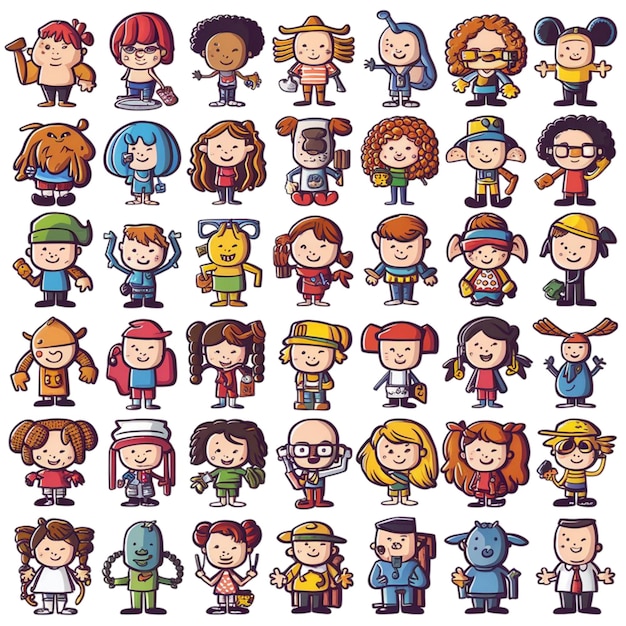 Un ensemble de différents personnages de dessins animés pour enfants isolés sur un fond blanc