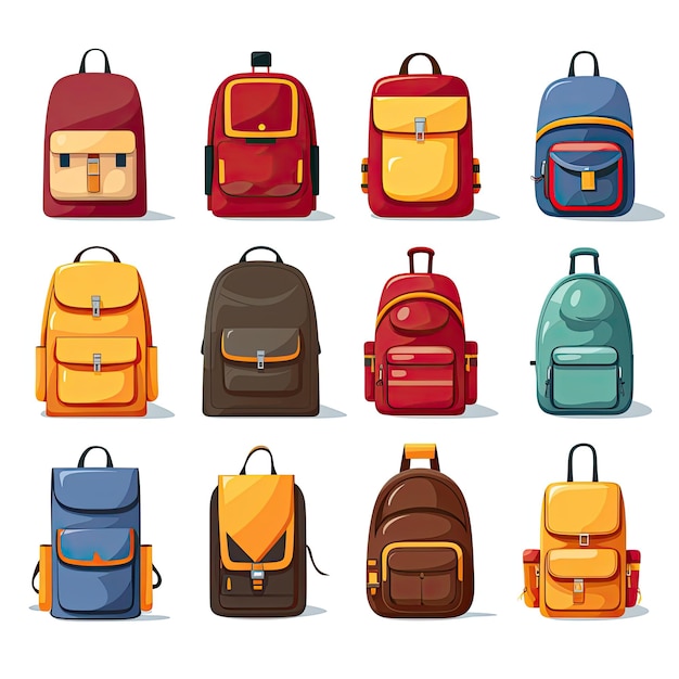 Ensemble de différents sacs à dos scolaires isolés sur fond blanc Illustration vectorielle