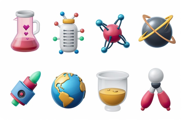 Ensemble de différents types d'objets géométriques multicolores en spirale 3D