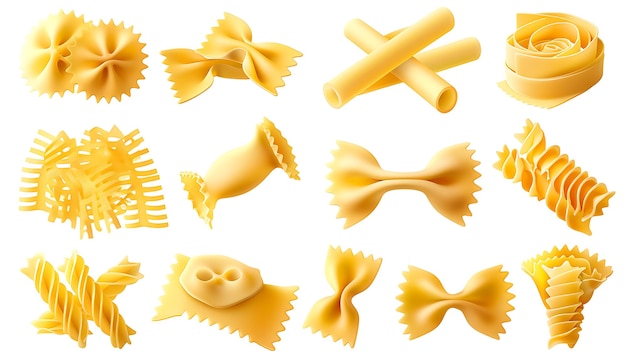 Ensemble de différents types de pâtes isolées sur fond blanc
