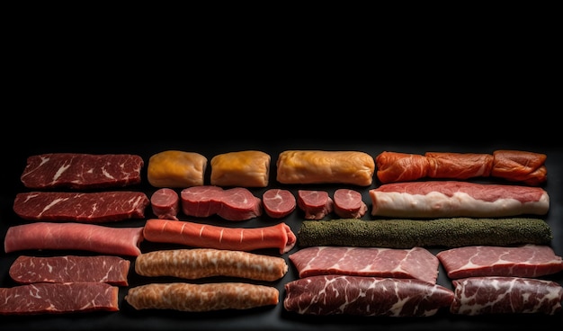 Ensemble de différents types de viande crue Vue de dessus sur la table Fond noir généré par l'IA