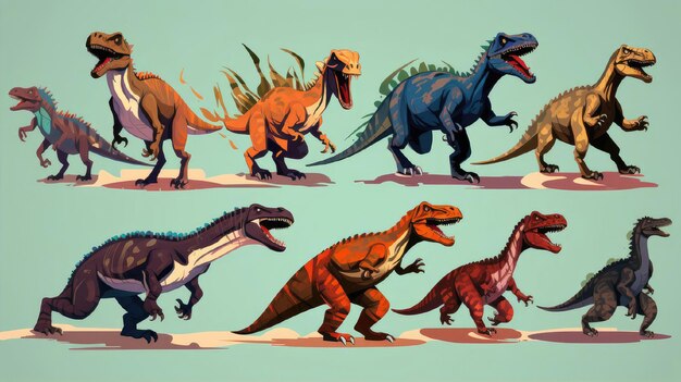 Photo ensemble de dinosaures de différentes couleurs et tailles sur un fond clair