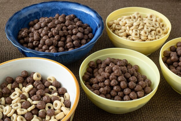 Ensemble de divers bols de céréales pour le petit-déjeuner Anneaux de maïs au chocolat et aux céréales