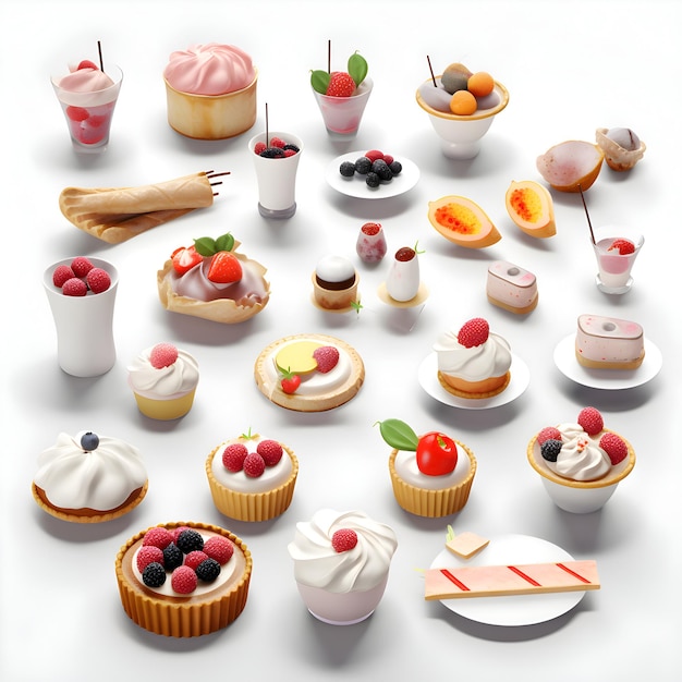 Ensemble de divers desserts sucrés sur fond blanc illustration 3d