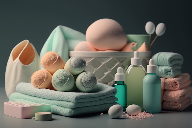Ensemble de douche pour femmes serviettes et bouteilles avec shampoing et cosmétiques Generative AI