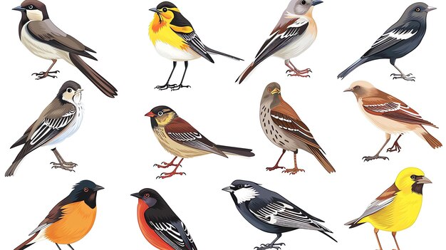 Photo un ensemble de douze illustrations d'oiseaux colorés différents les oiseaux sont tous dessinés dans un style réaliste et sont montrés dans diverses poses