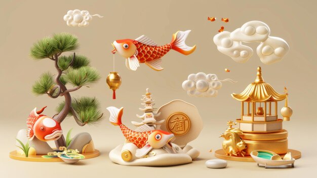 Un ensemble d'éléments CNY 3D propice isolé sur un fond beige contient des nuages dorés, des boîtes au trésor, des poissons koi et des pins japonais.