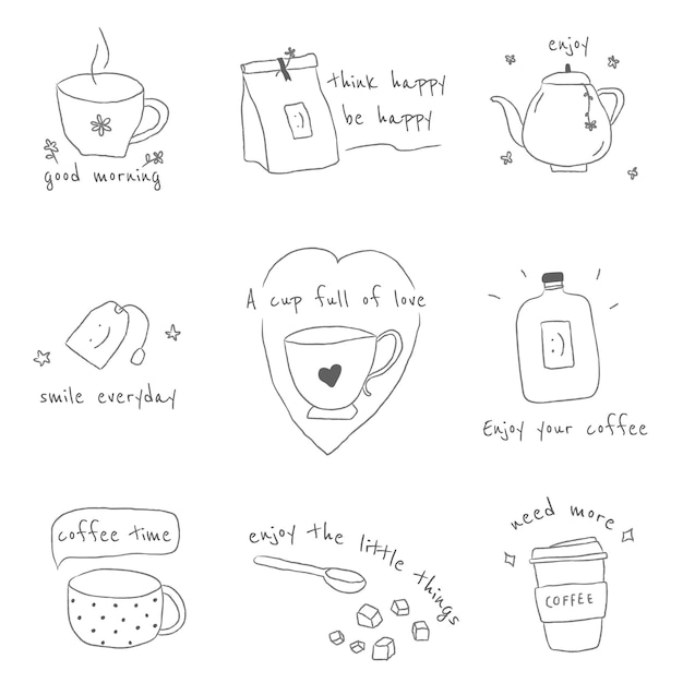 Ensemble d'éléments de conception d'autocollants de café