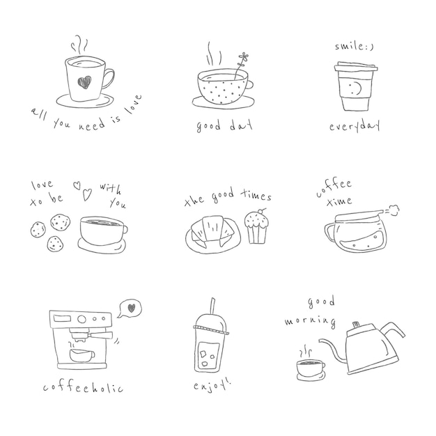 Ensemble d'éléments de conception de doodle café mignon