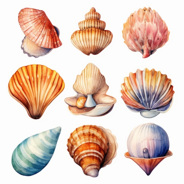 ensemble d'éléments de coquillages aquarelles