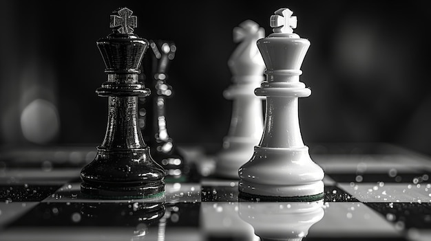 L'ensemble d'éléments de pièces d'échecs debout sur l'échiquier sur un fond sombre