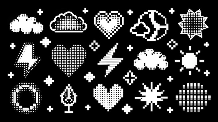 Photo ensemble d'éléments de style y2k vecteur collection dessinée à la main de pixels flèche moelleuse bulle de foudre