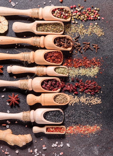 Un ensemble d'épices et d'herbes. Cuisine indienne. Poivre, sel, paprika, basilic. Vue de dessus.