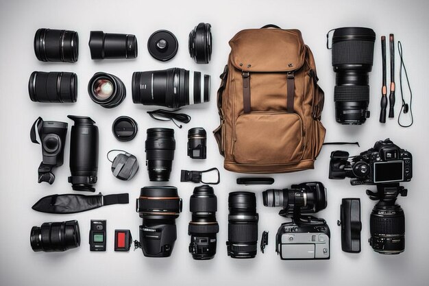 ensemble d'équipement de photographe professionnel sur fond blanc, vue de dessus à plat