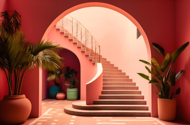 Un ensemble d'escaliers à l'extérieur construit dans le style d'un extérieur contemporain sur un mur de couleur rose