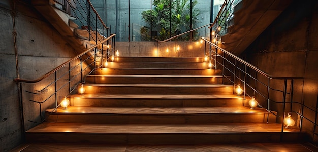 un ensemble d'escaliers avec des lumières en haut et un arbre en arrière-plan
