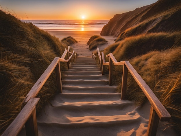 un ensemble d'escaliers menant à la plage qui montre une plage au coucher du soleil magnifique coucher de soleil romantique