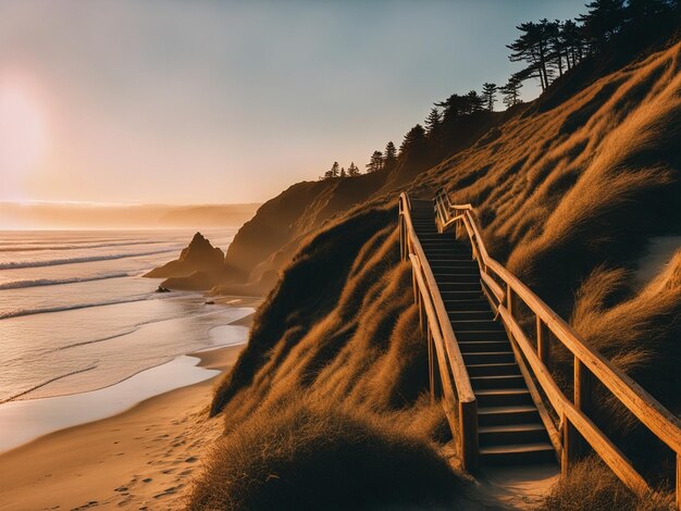 un ensemble d'escaliers menant à la plage qui montre une plage au coucher du soleil magnifique coucher de soleil romantique