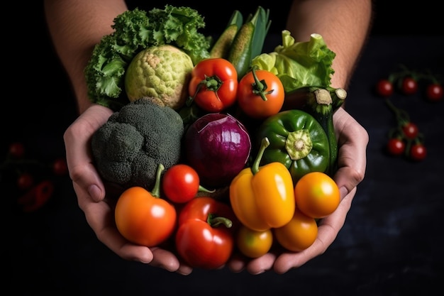 Ensemble d'été de légumes aliments sains dans la main ai générative