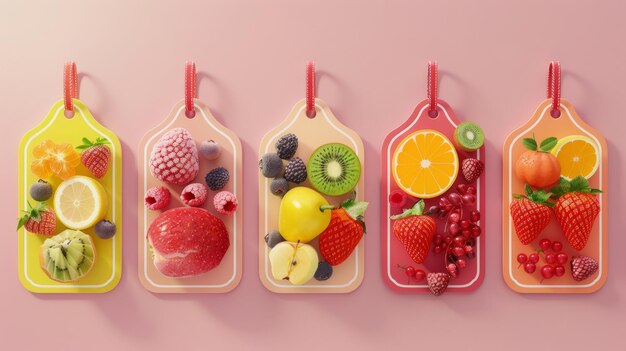 Un ensemble d'étiquettes pour les fruits et baies sur un fond rose Étiquettes avec des dessins de fruits Un modèle pour votre produit Illustration