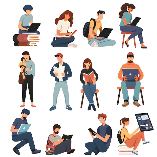 Un ensemble d'étudiants assis et lisant des livres Des gens lisant des ouvrages Illustration vectorielle en style plat