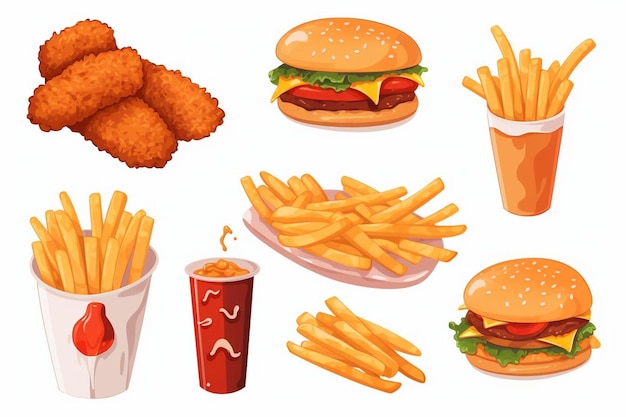 Photo un ensemble de fast-food de poulet frit, de pop-corn, de nuggets de poulet, de frites isolées sur du blanc.