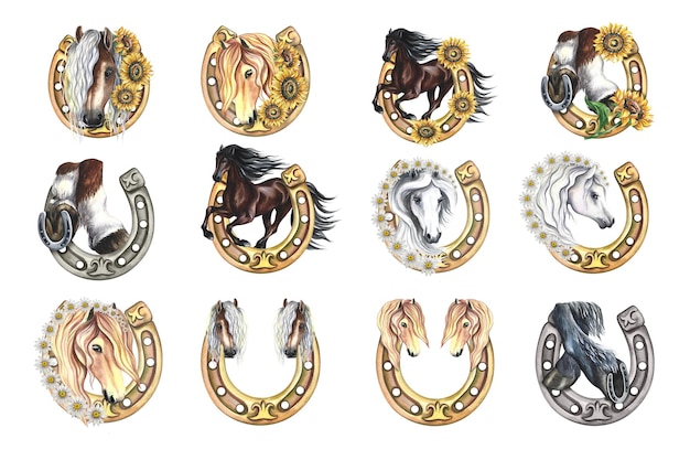 Ensemble de fers à cheval avec l'image d'un cheval dans les tournesols Illustration dessinée à la main à l'aquarelle
