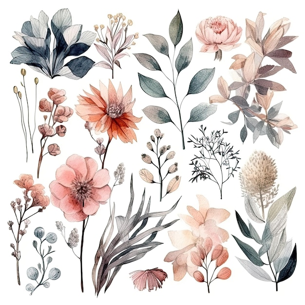 Ensemble de feuilles et de brindilles de fleurs aquarelles sur fond blanc