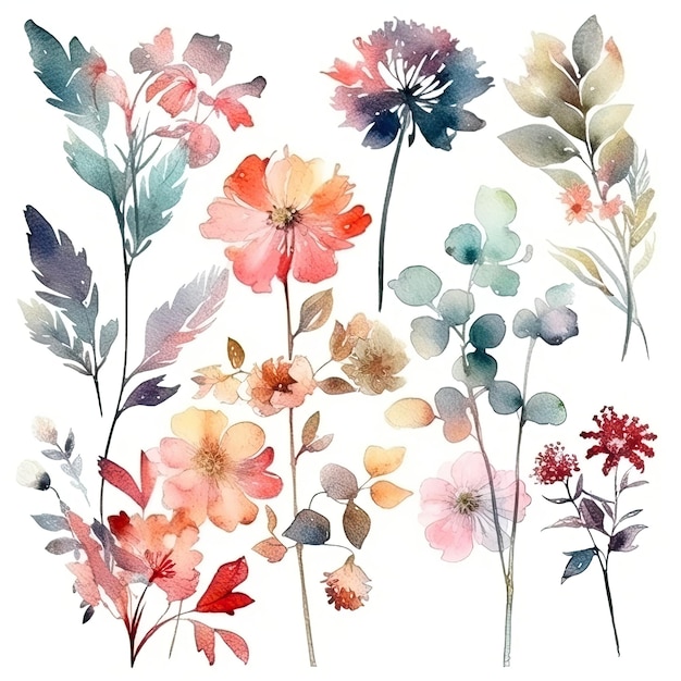 Ensemble de feuilles et de brindilles de fleurs aquarelles sur fond blanc