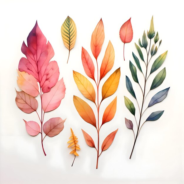 Ensemble de feuilles colorées à l'aquarelle sur fond blanc haute résolution