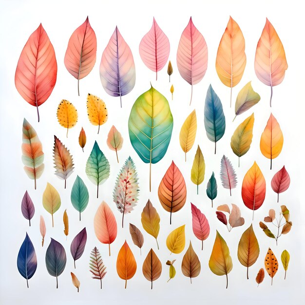 Ensemble de feuilles colorées à l'aquarelle sur fond blanc haute résolution