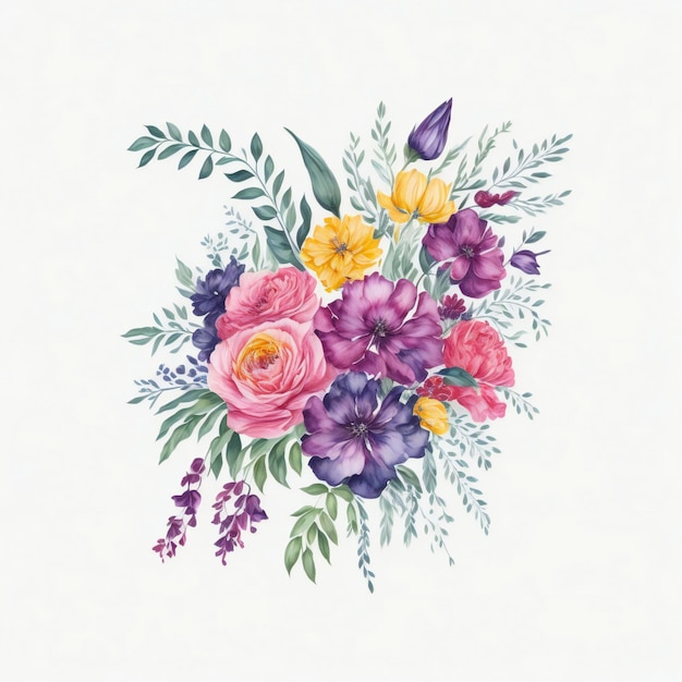 Photo ensemble de feuilles de fleurs aquarelle illustration plate dessinée à la main