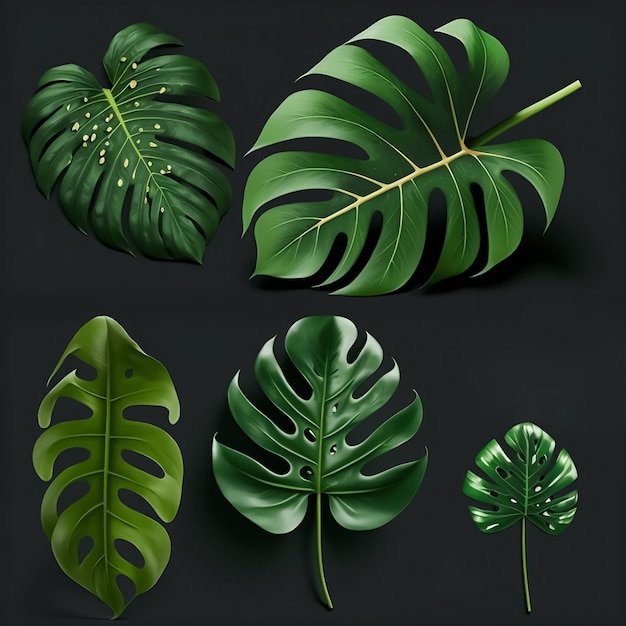 Ensemble de feuilles de Monstera Ensemble de feuilles de Monstera sur fond noir feuilles tropicales