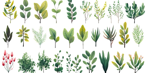 Ensemble de feuilles tropicales fleurs sauvages feuilles d'herbes vertes