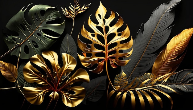 Un ensemble de feuilles tropicales avec des motifs de feuilles d'or