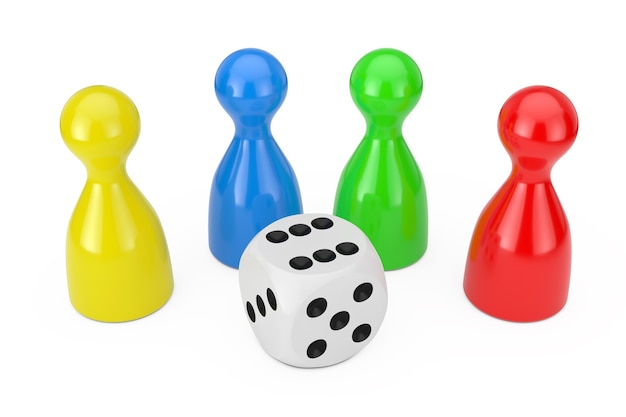 Photo ensemble de figurines de pion de jeu de société multicolores avec un cube de dés de jeu blanc sur fond blanc. rendu 3d