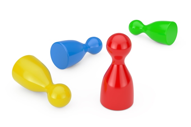 Ensemble de figurines de pion de jeu de société multicolores sur fond blanc. Rendu 3D