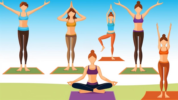 Un ensemble de filles faisant du yoga sur des tapis sur fond bleu Illustration