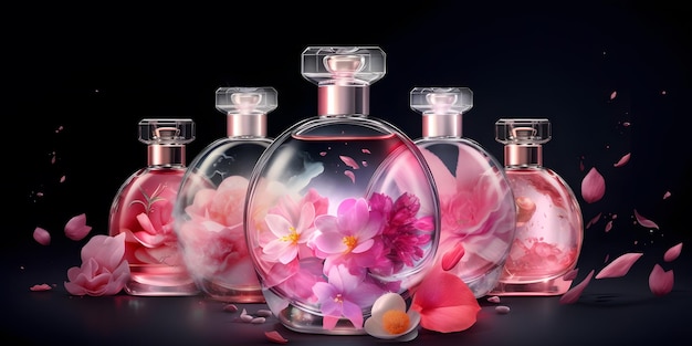 Ensemble de flacons de parfum floral en verre multicolore transparent sur un fond simple clair Composition d'art nature morte Parfumerie élégante bannière publicitaire Ai générative